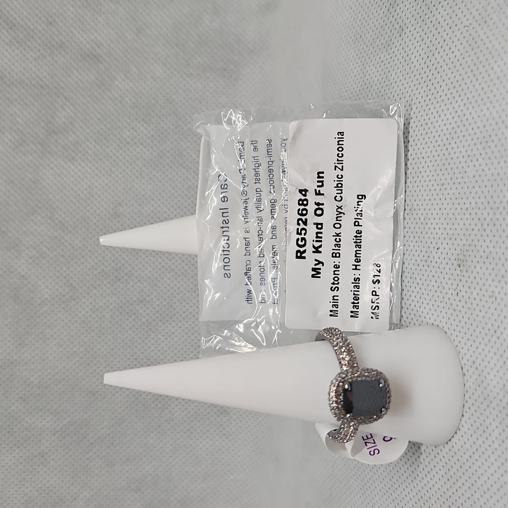 Elegant Black Onyx Ring with Hematite Plating